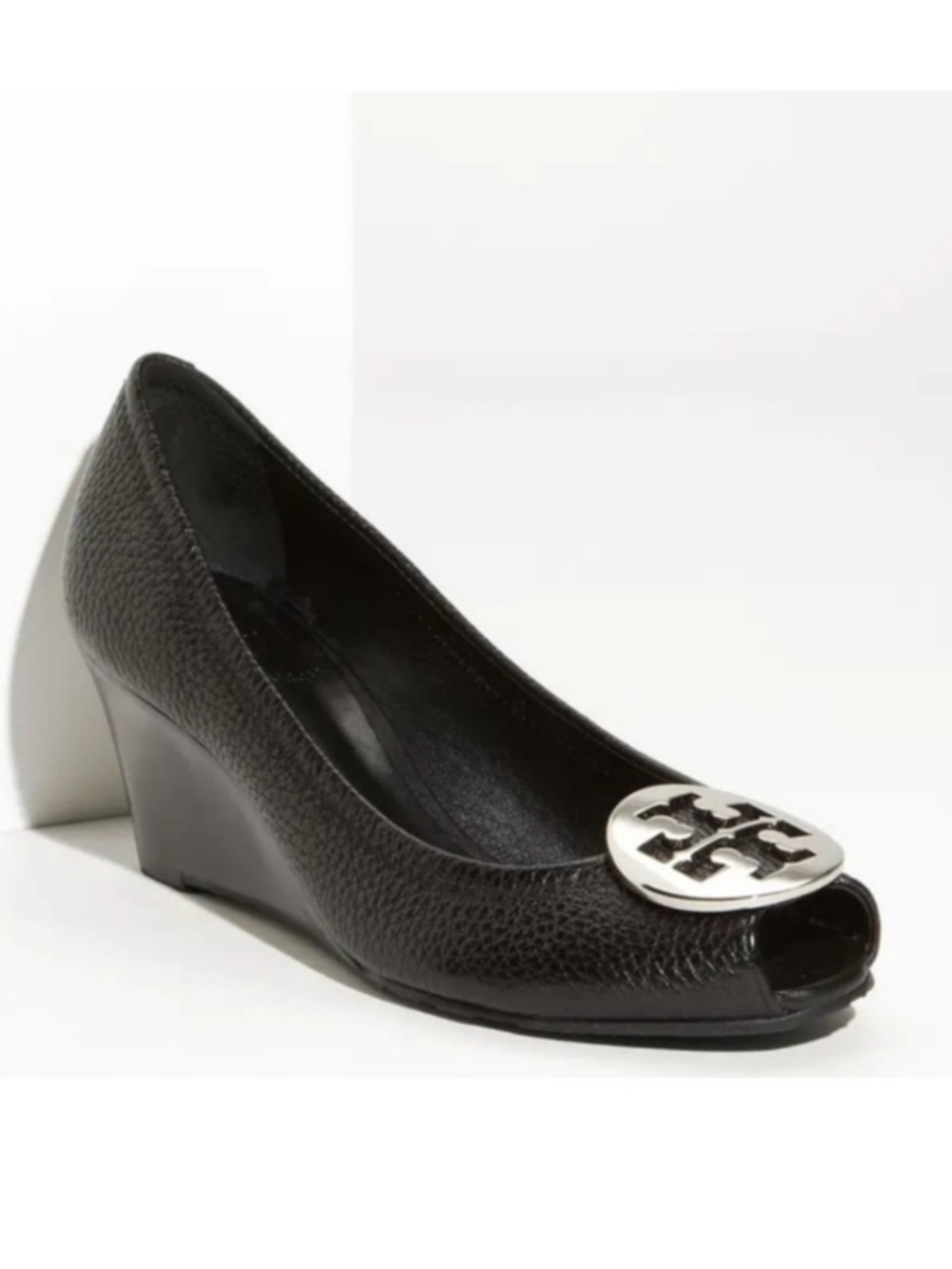 Tory Burch Sally Black Leather Peep Toe Wedge Size 6